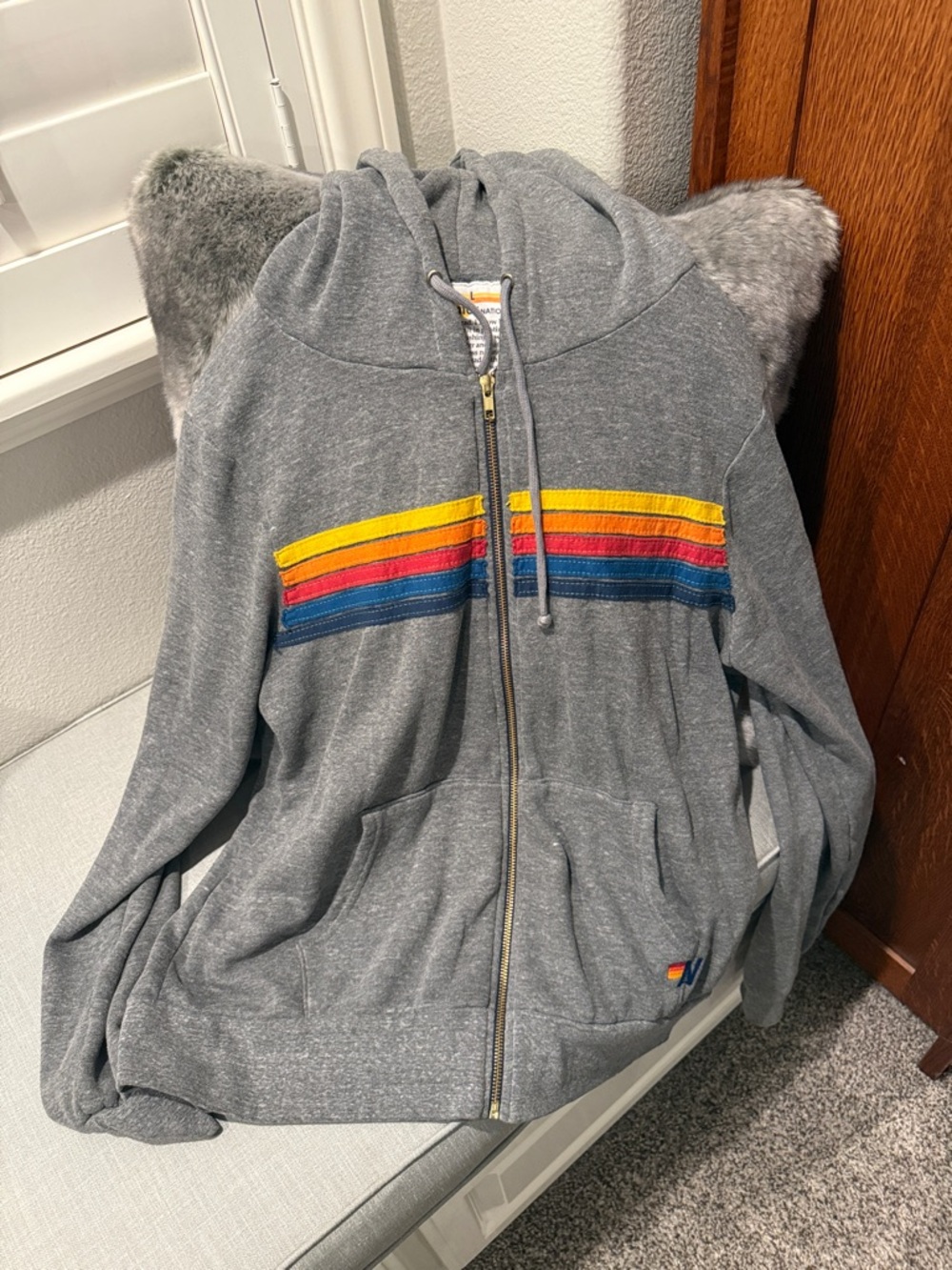 Aviator Nation Gray Zip Hoodie with Yellow Orange Red Blue Stripes